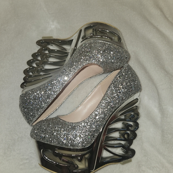 Silver Sparkle Wedge Heels - Picture 3 of 8
